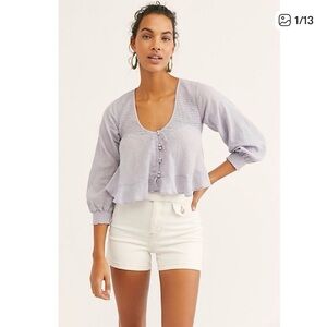 Free People Light Lavender Smocked Neck Button Top
